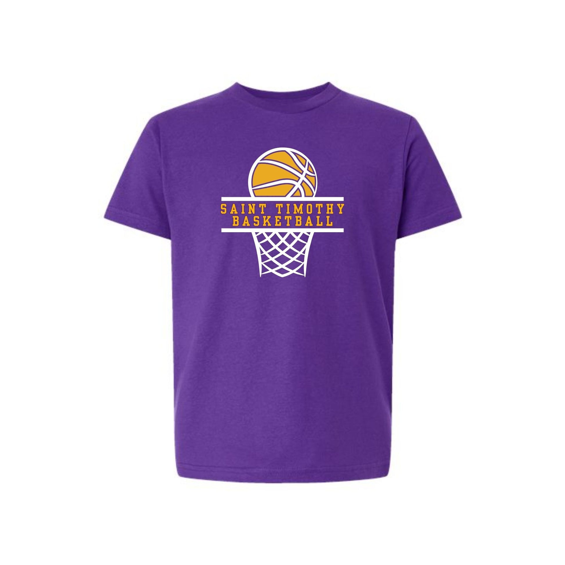 Purple t-shirt with basketball graphic and 'Saint Timothy Basketball' text on a white background