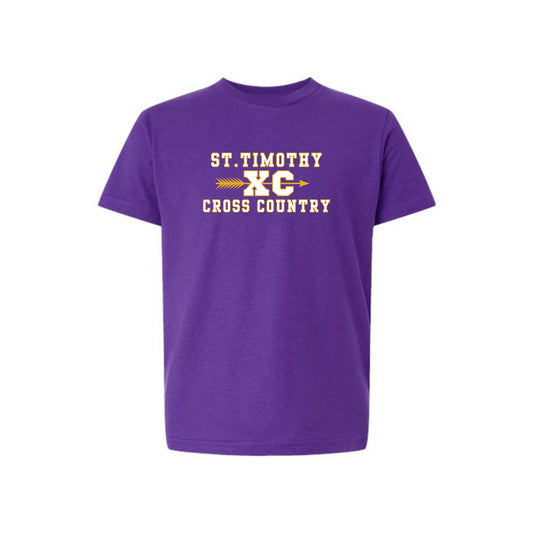 Purple t-shirt with 'St. Timothy XC Cross Country' text on a white background
