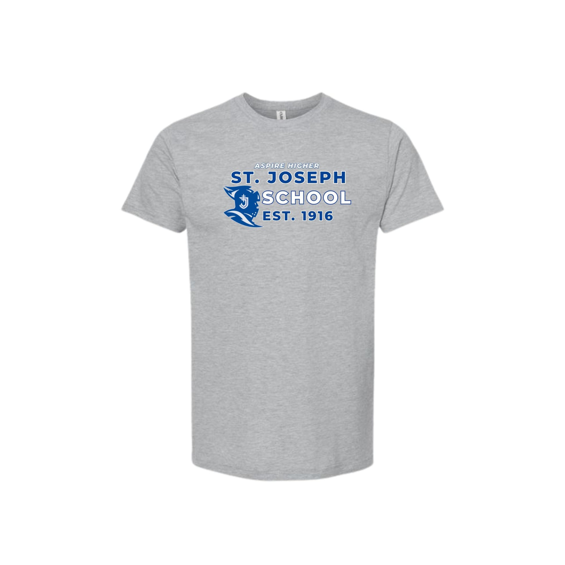 Gray t-shirt with St. Joseph School logo on a white background