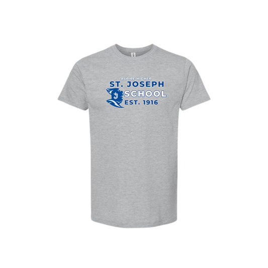 Gray t-shirt with St. Joseph School logo on a white background
