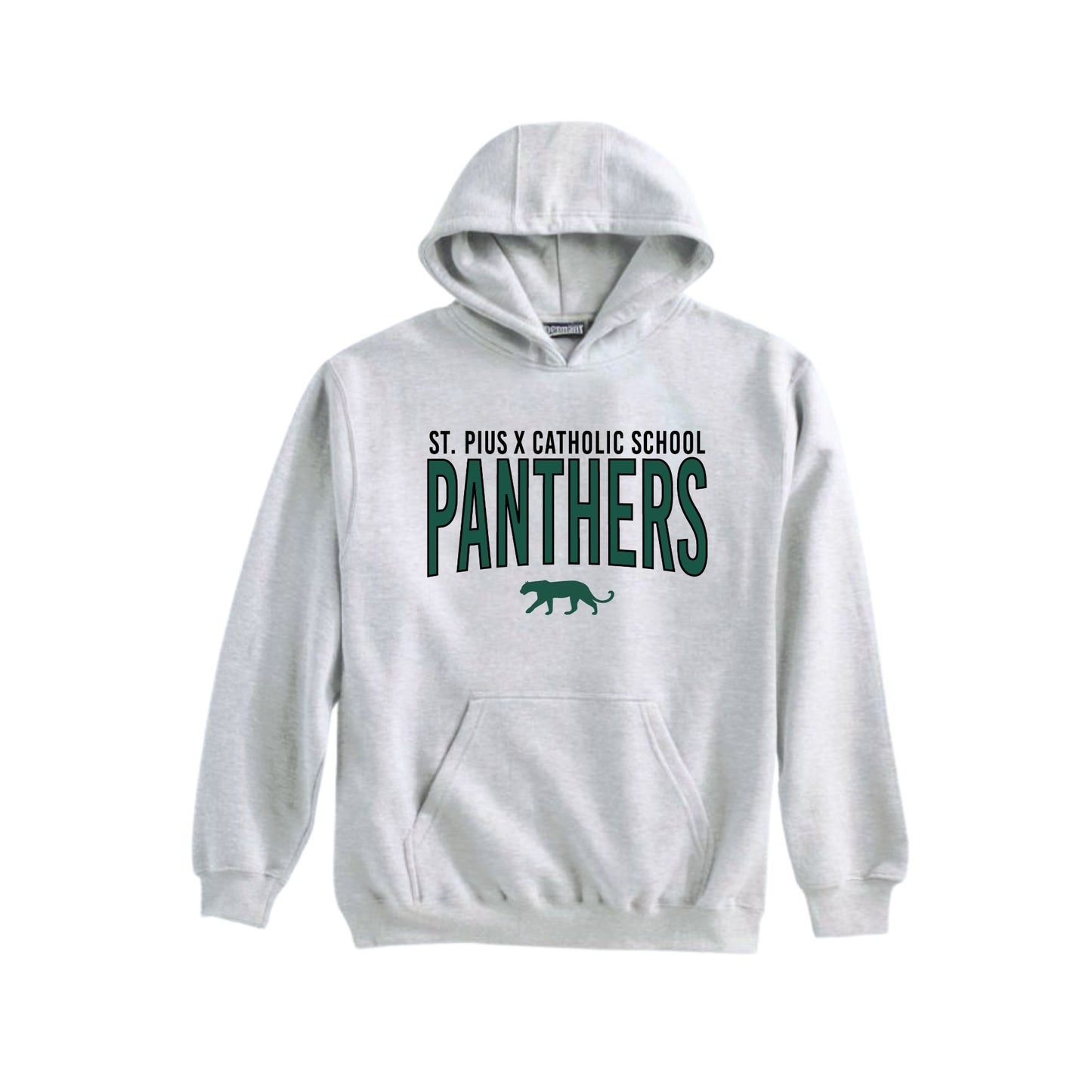 A light gray pullover hoodie featuring 'ST. PIUS X CATHOLIC SCHOOL PANTHERS' printed on the chest in dark green and black, with a small panther graphic below.
