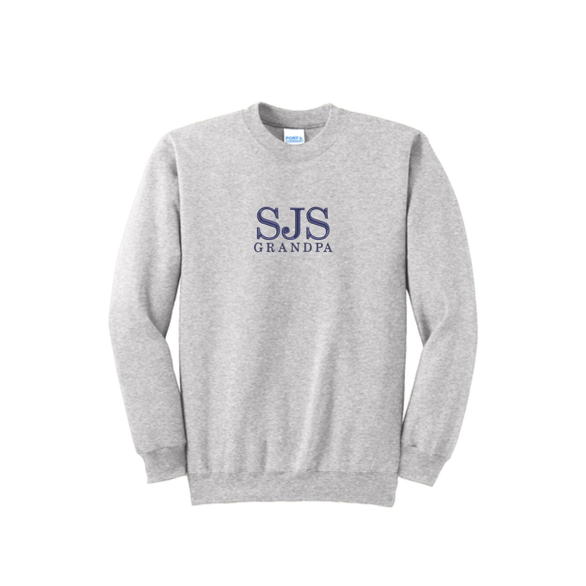 ash crewneck sweatshirt with SJS GRANDPA embroidered on the center chest in navy blue thread