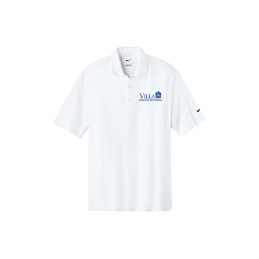 White nike polo shirt with the VMM logo embroidered in blue thread on the left chest