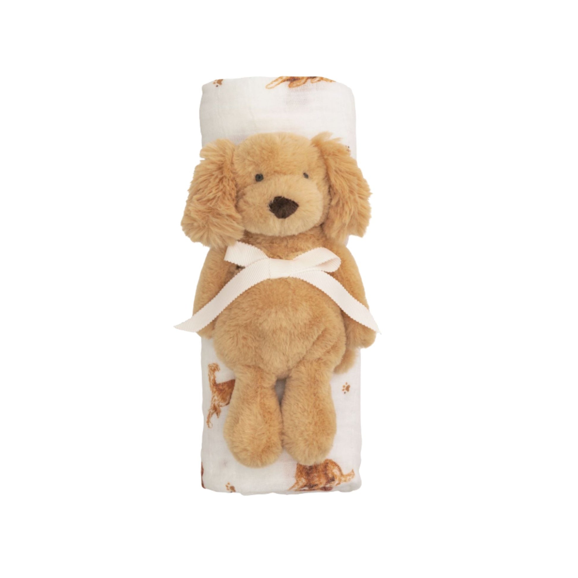 Plush dog toy wrapped in a blanket with a white background