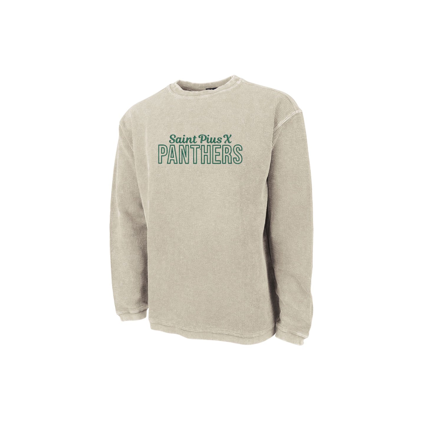 Beige sweatshirt with 'Saint Pius X Panthers' text on a white background