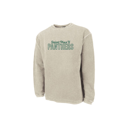 Beige sweatshirt with 'Saint Pius X Panthers' text on a white background