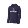 navy hooded performance long sleeve with 'Cavaliers Basketball' and outlined basketball and SJS icon printed design in white ink on the front center chest