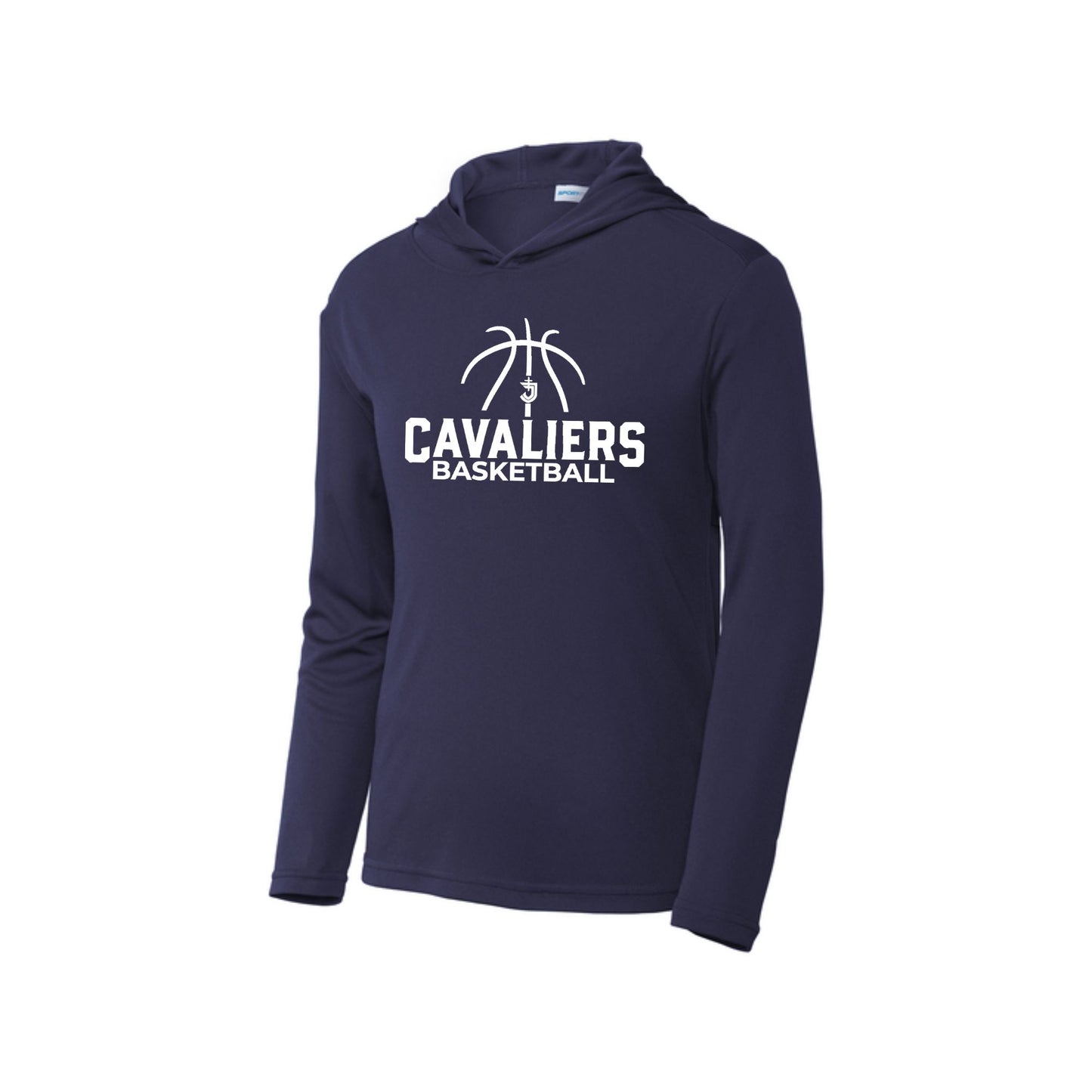 navy hooded performance long sleeve with 'Cavaliers Basketball' and outlined basketball and SJS icon printed design in white ink on the front center chest