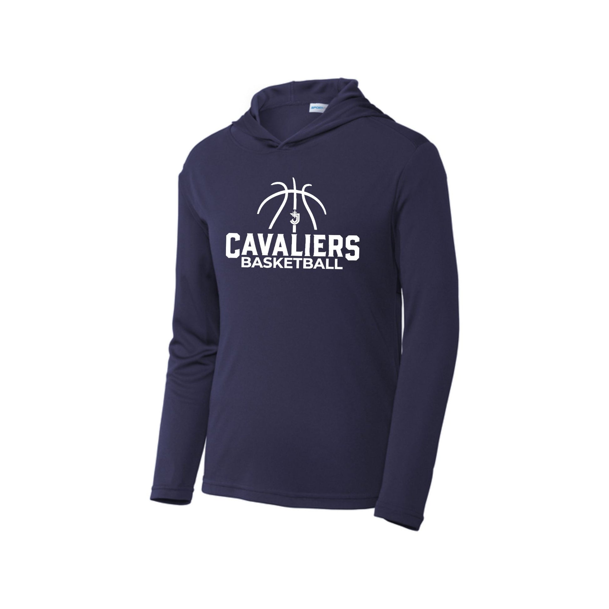navy hooded performance long sleeve with 'Cavaliers Basketball' and outlined basketball and SJS icon printed design in white ink on the front center chest