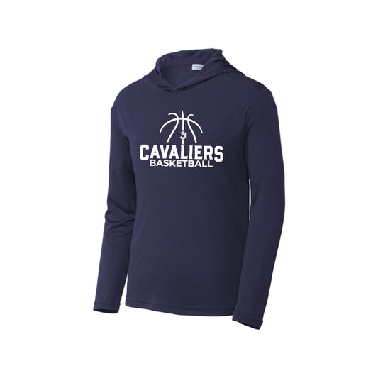 navy hooded performance long sleeve with 'Cavaliers Basketball' and outlined basketball and SJS icon printed design in white ink on the front center chest
