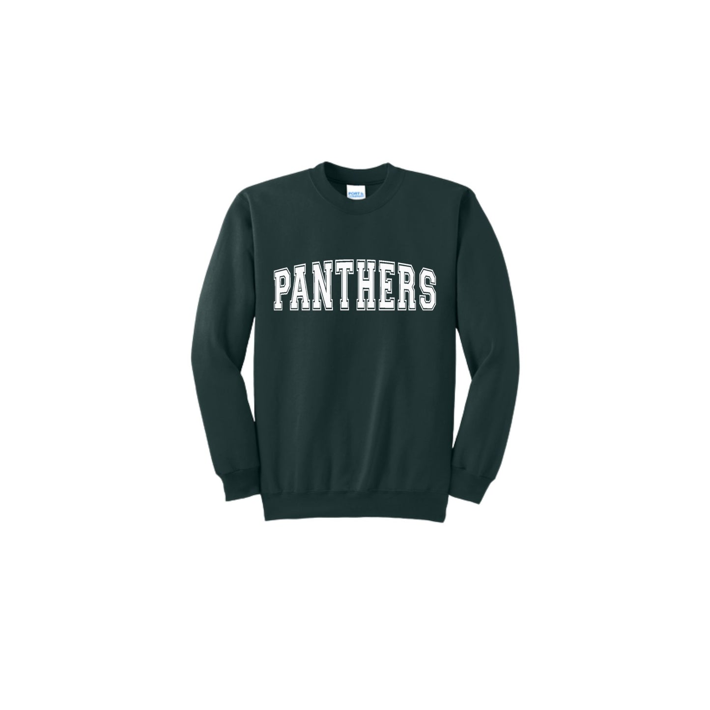 Dark green sweatshirt with 'PANTHERS' text on a white background