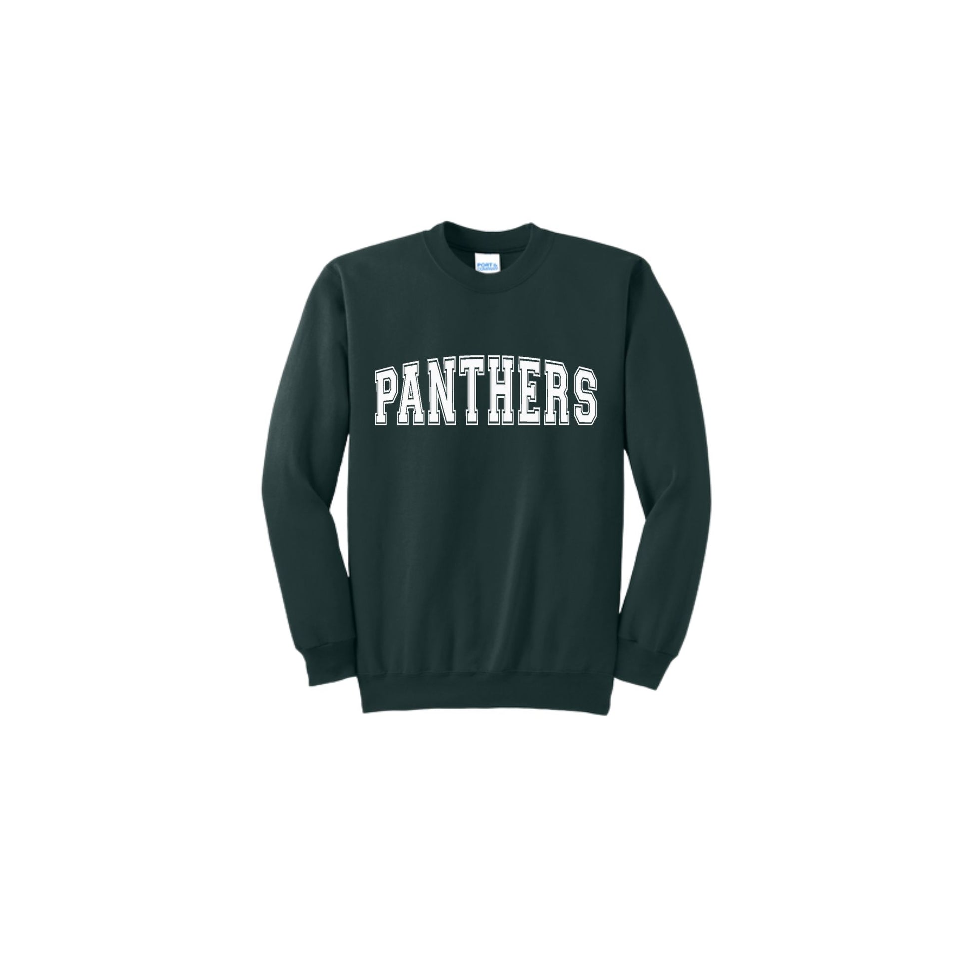 Dark green sweatshirt with 'PANTHERS' text on a white background