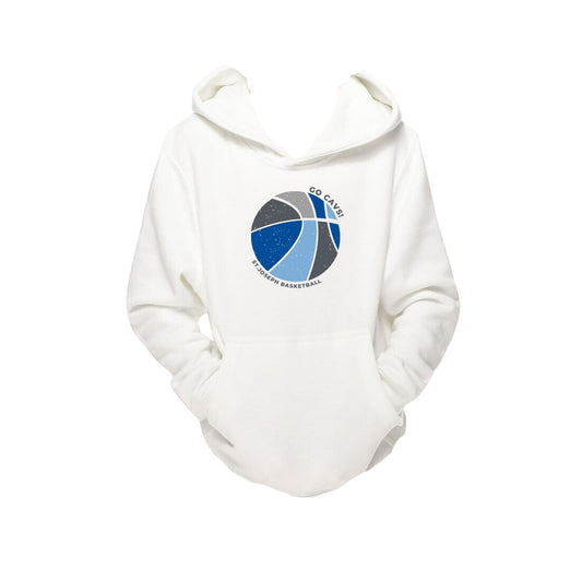 white youth hooded sweatshirt with custom distressed print of a blue and grey basketball with go cavs! st. joseph basketball curved aroud it