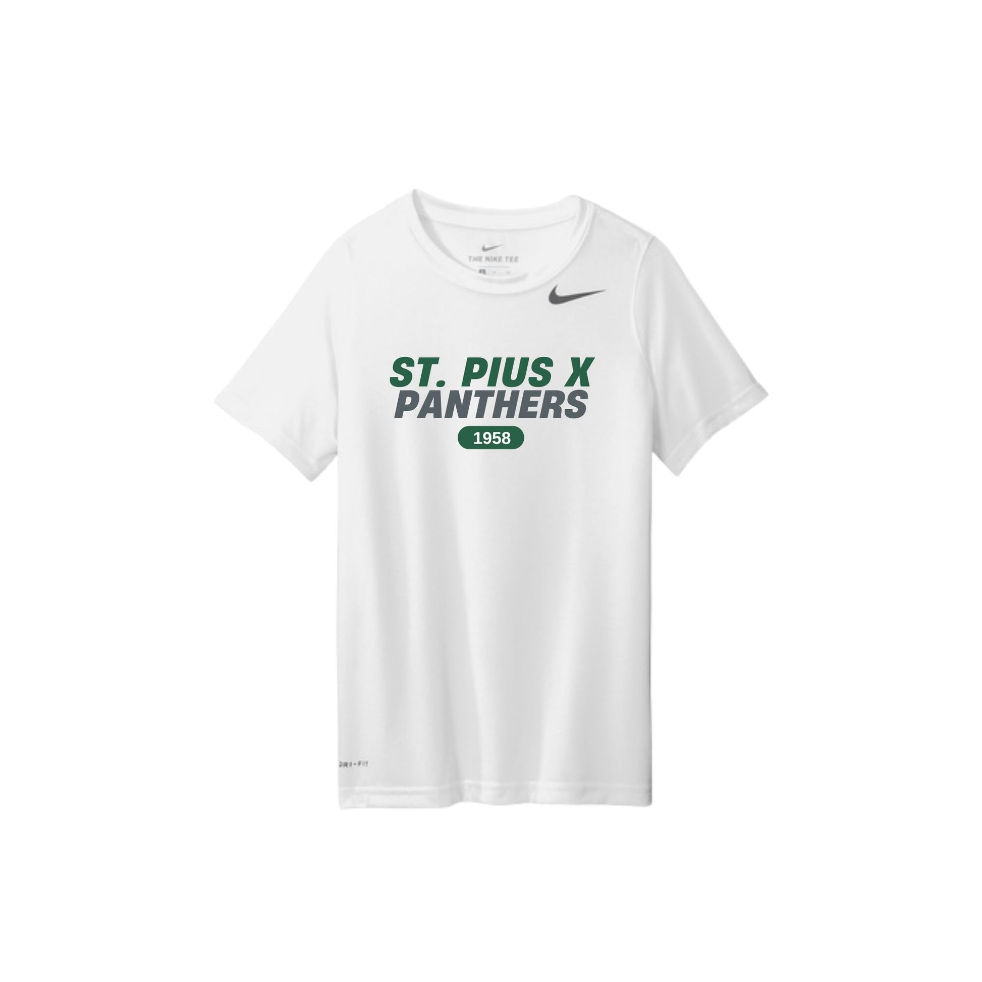 White t-shirt with 'St. Pius X Panthers' text and Nike logo on a white background