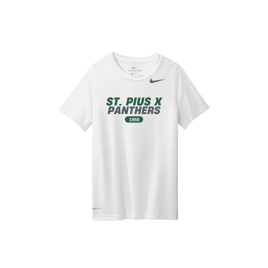 White t-shirt with 'St. Pius X Panthers' text and Nike logo on a white background
