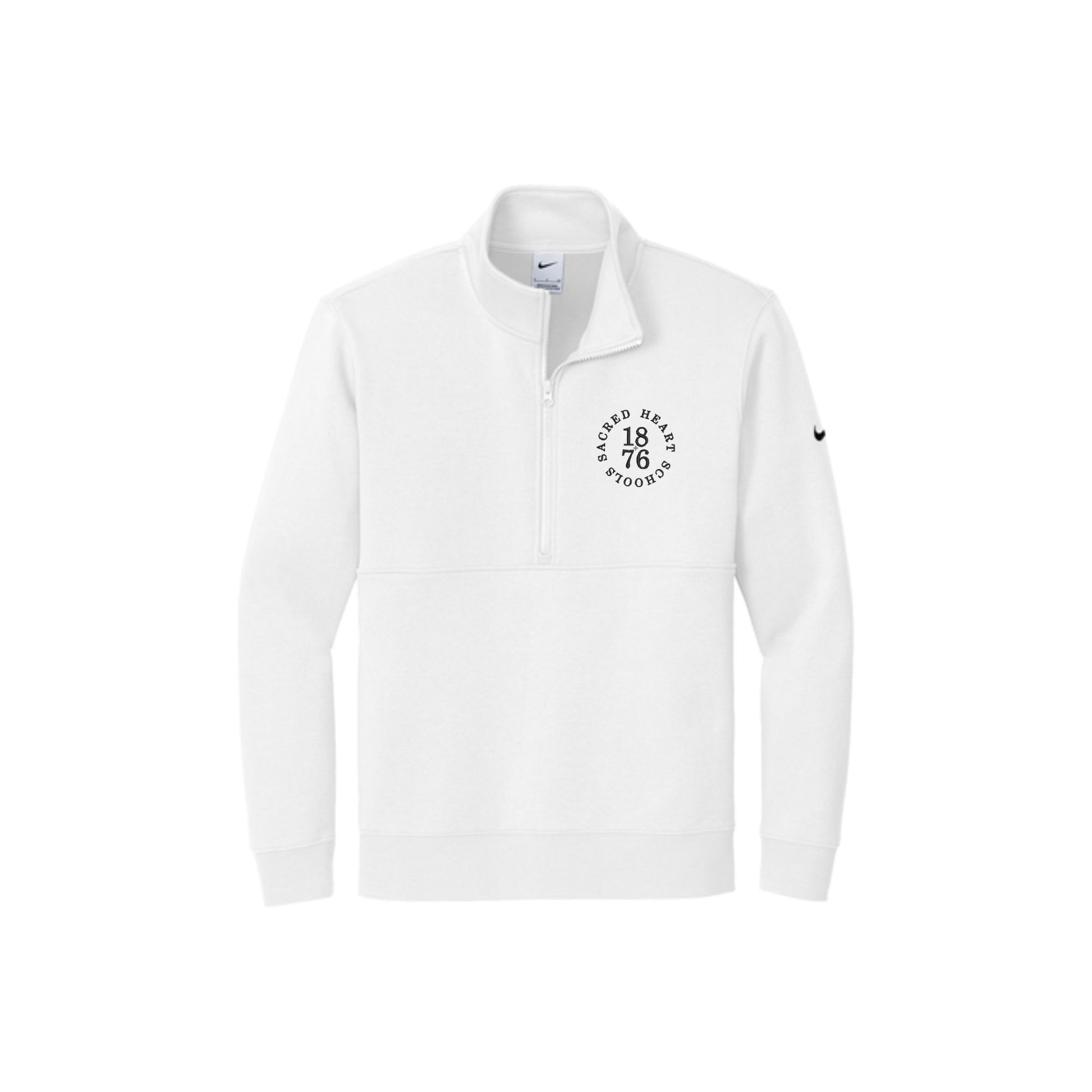 White Nike Club Fleece Sleeve Swoosh 1/2-Zip with custom Sacred Heart Schools 1876 rounded embroidered logo on the left chest in black thread