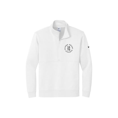 White Nike Club Fleece Sleeve Swoosh 1/2-Zip with custom Sacred Heart Schools 1876 rounded embroidered logo on the left chest in black thread