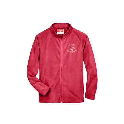 sport red adult fleece full zip jacket with a ccs cougars icon logo embroidered design on the left chest in white thread