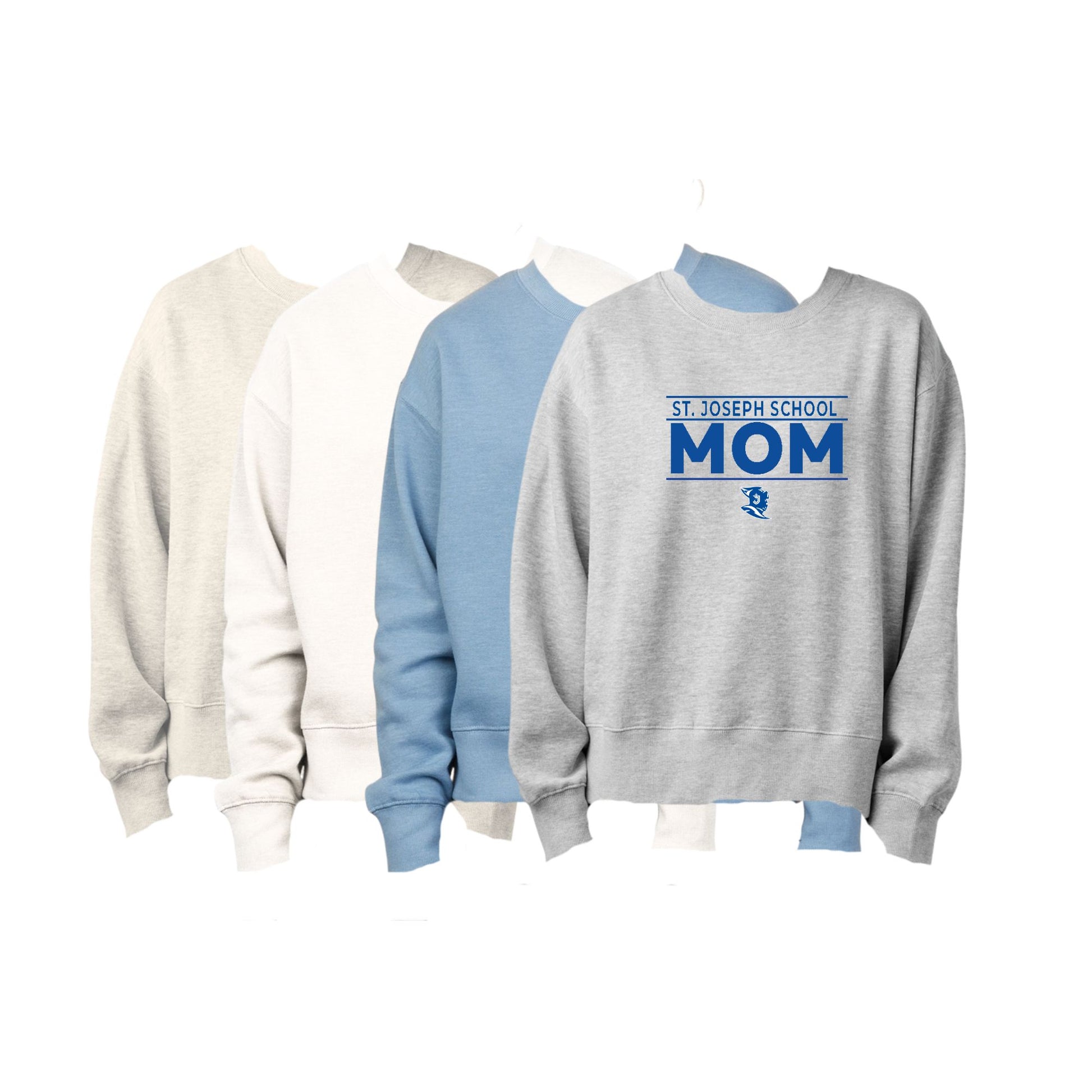 Three sweatshirts in different colors with 'St. Joseph School Mom' text on a white background