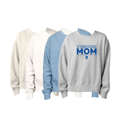 Three sweatshirts in different colors with 'St. Joseph School Mom' text on a white background