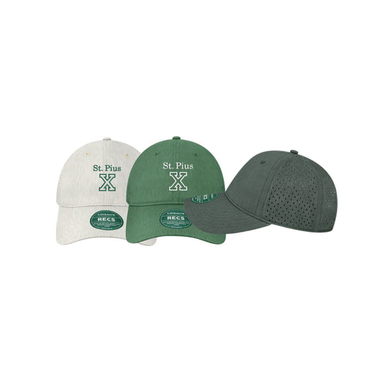 Three baseball caps with 'St. Pius X' branding on a white background