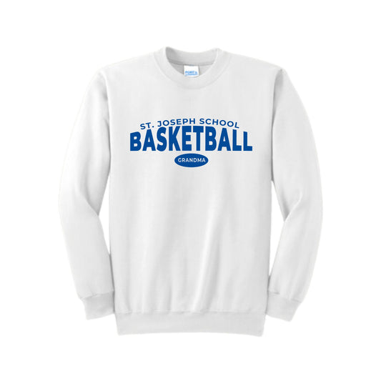 White crewneck sweatshirt with a royal blue st joseph school basketball grandma print