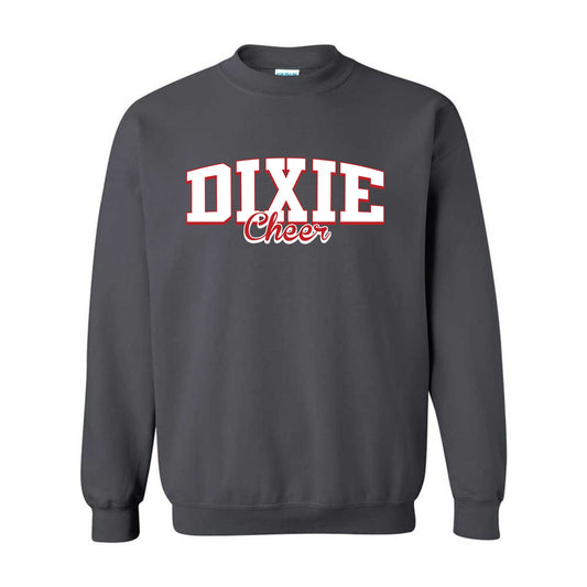 charcoal gray sweatshirt with a dixie cheer dtf print in white and red
