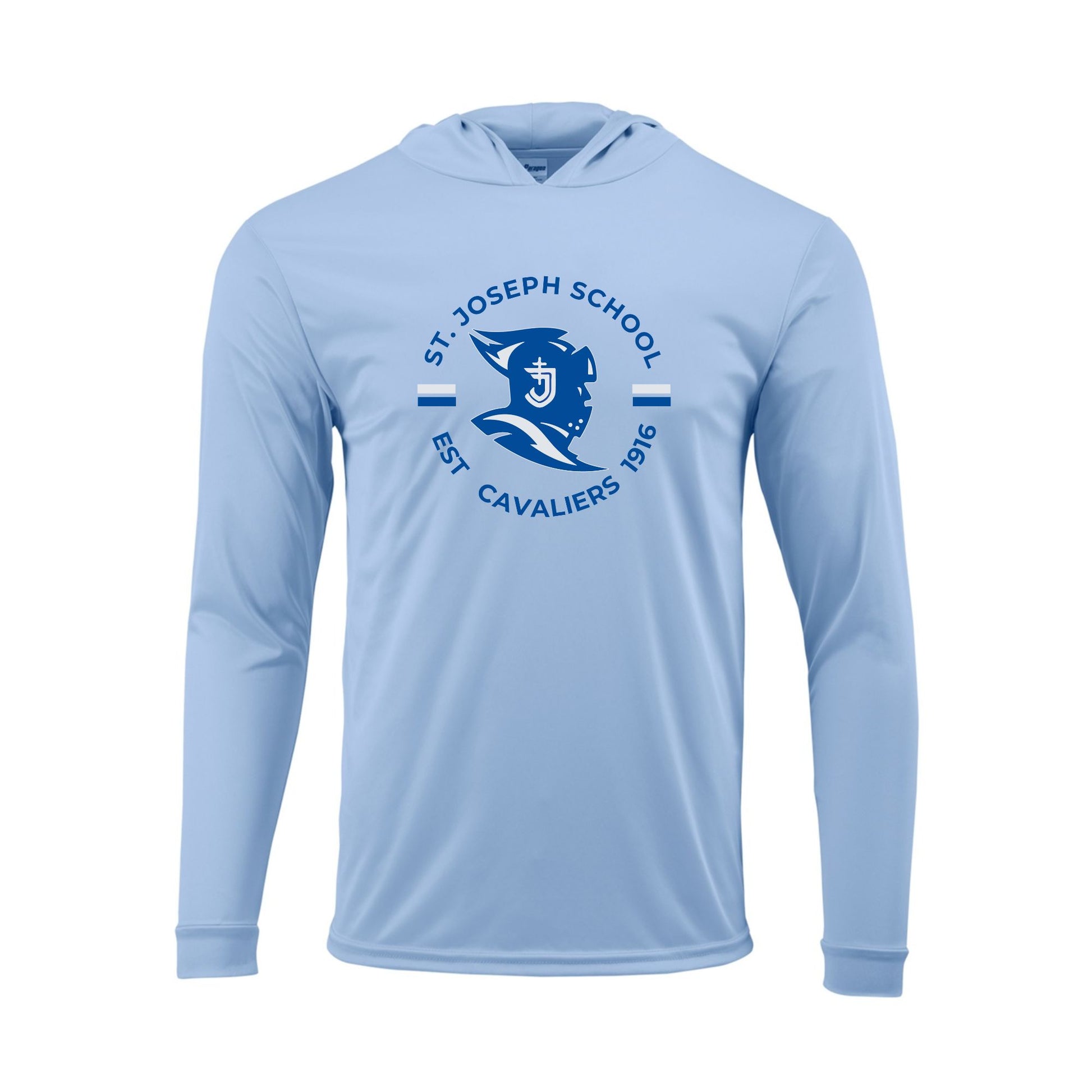 hooded long sleeve blue mist performance tee with custom st. joseph school cavaliers printed design in royal blue and silver gray