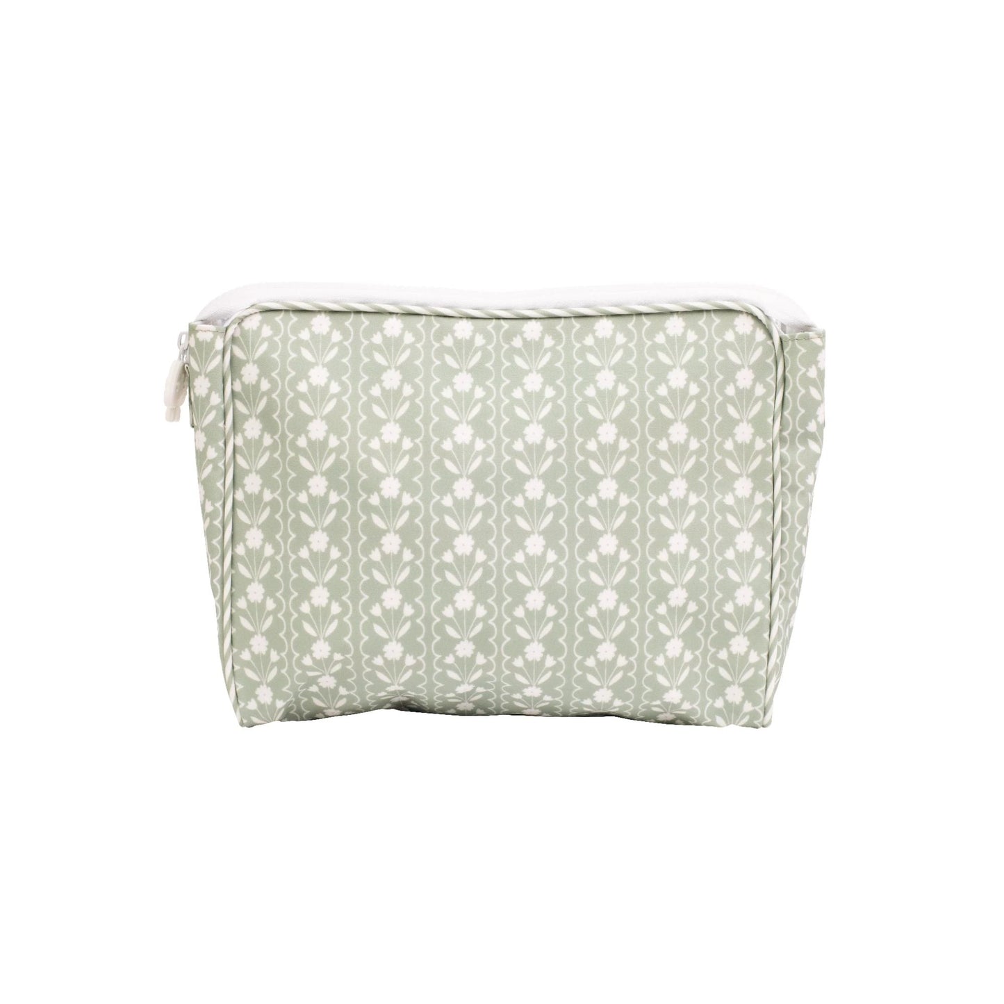 Green toiletry bag with white floral pattern on a white background