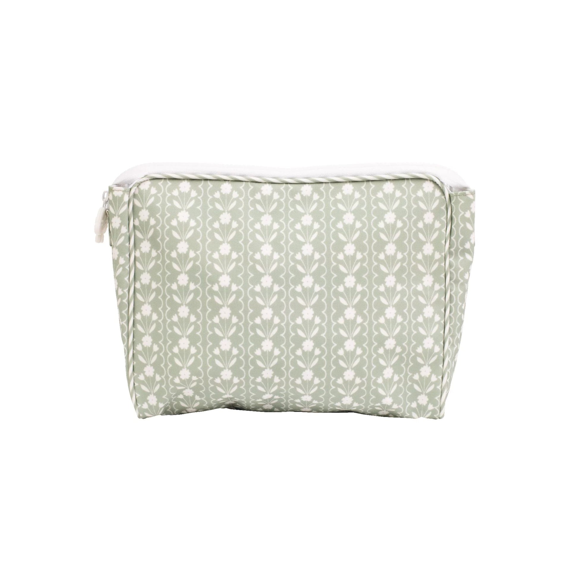 Green toiletry bag with white floral pattern on a white background