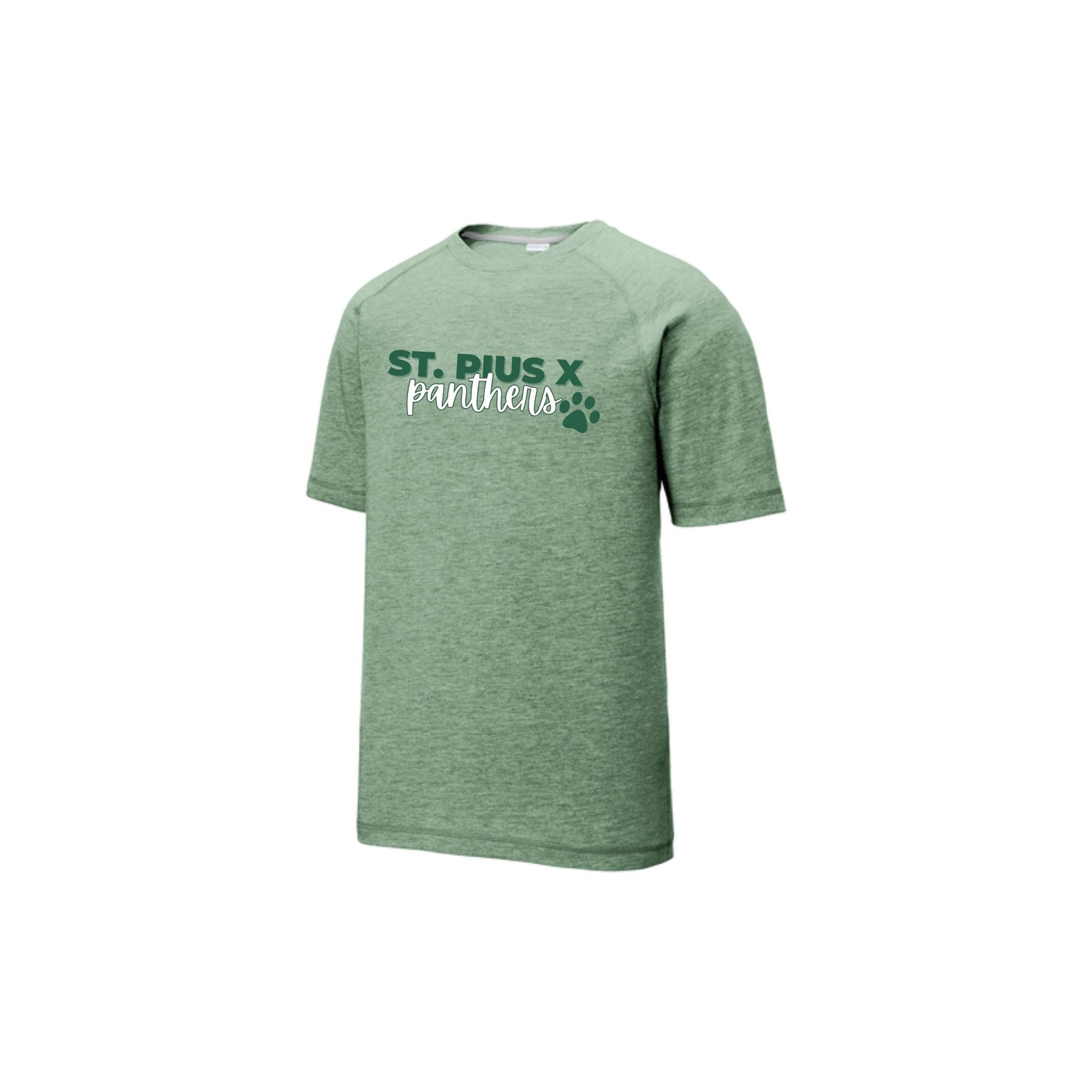 Green t-shirt with 'St. Pius X panthers' text on a white background