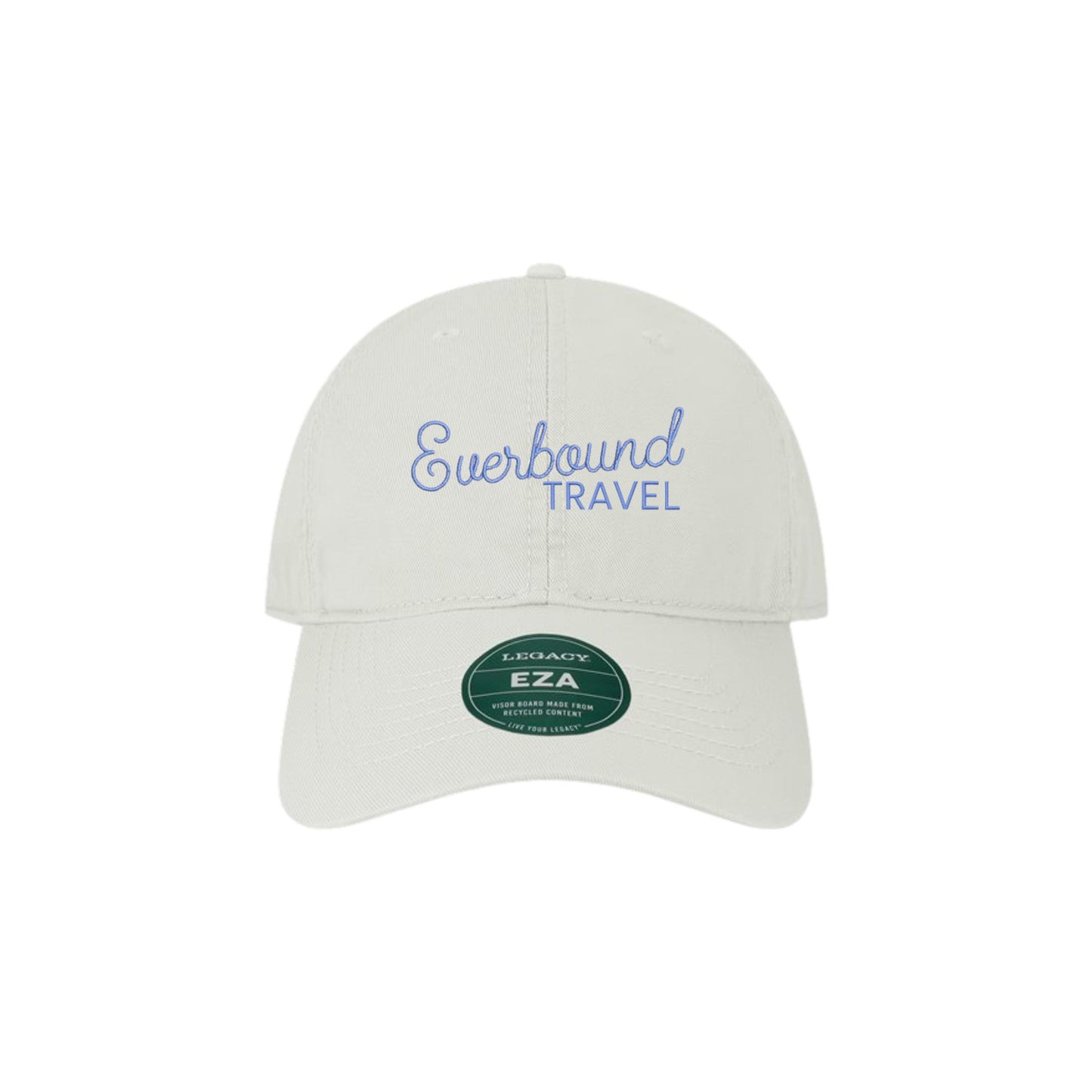 White cap with 'Everbound Travel' text on a white background