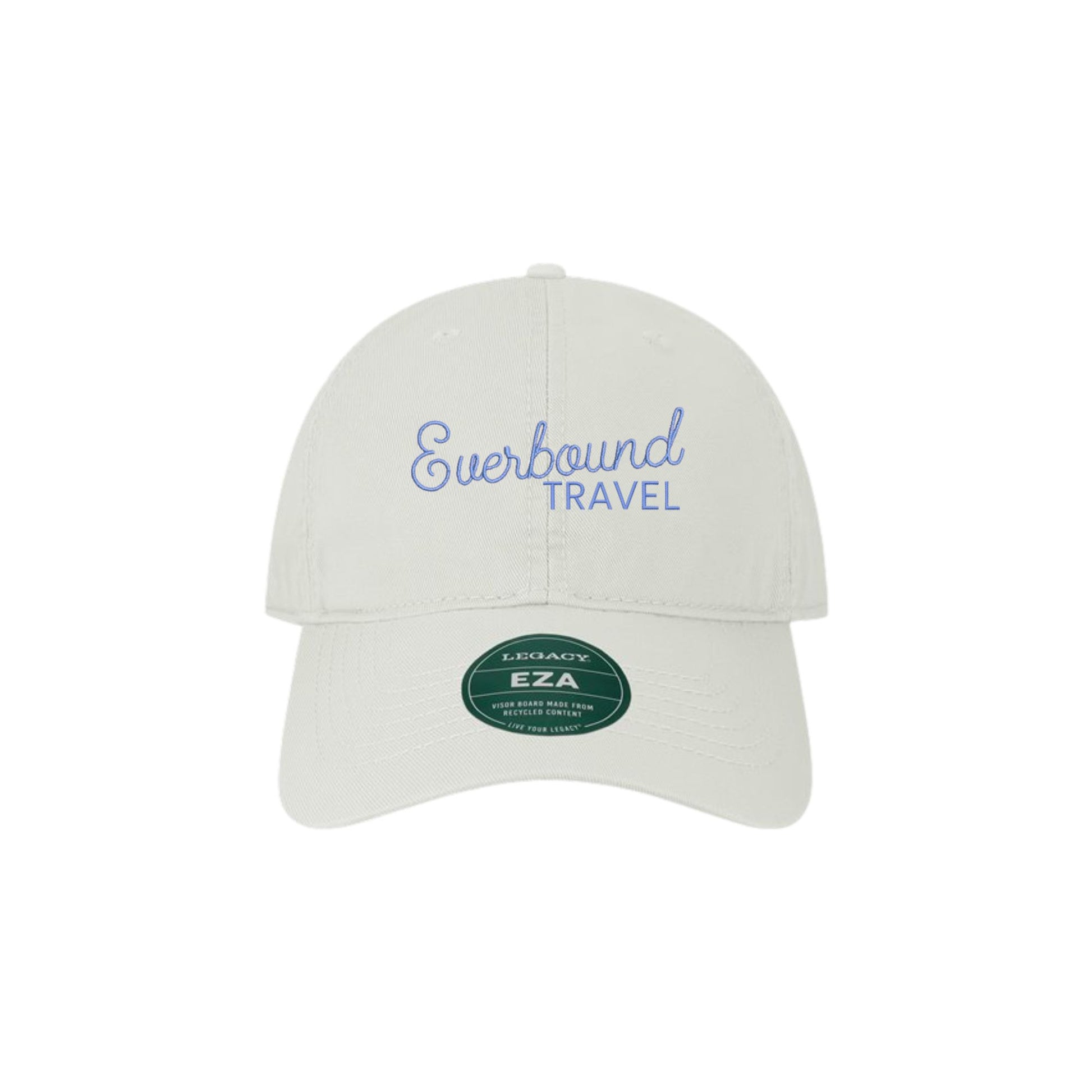 White cap with 'Everbound Travel' text on a white background