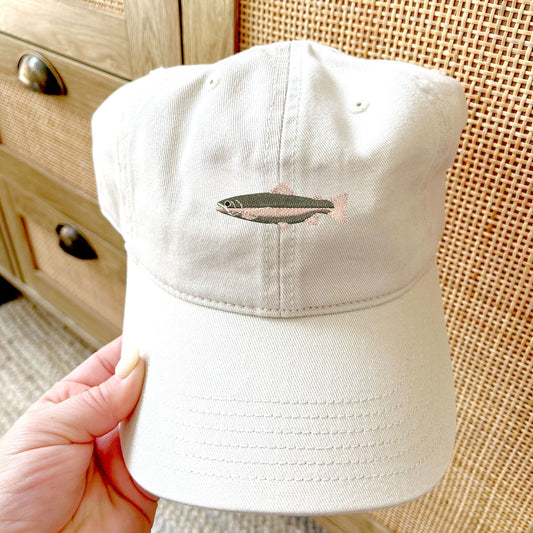 Stone legacy baseball hat with embroidered mini rainbow trout design