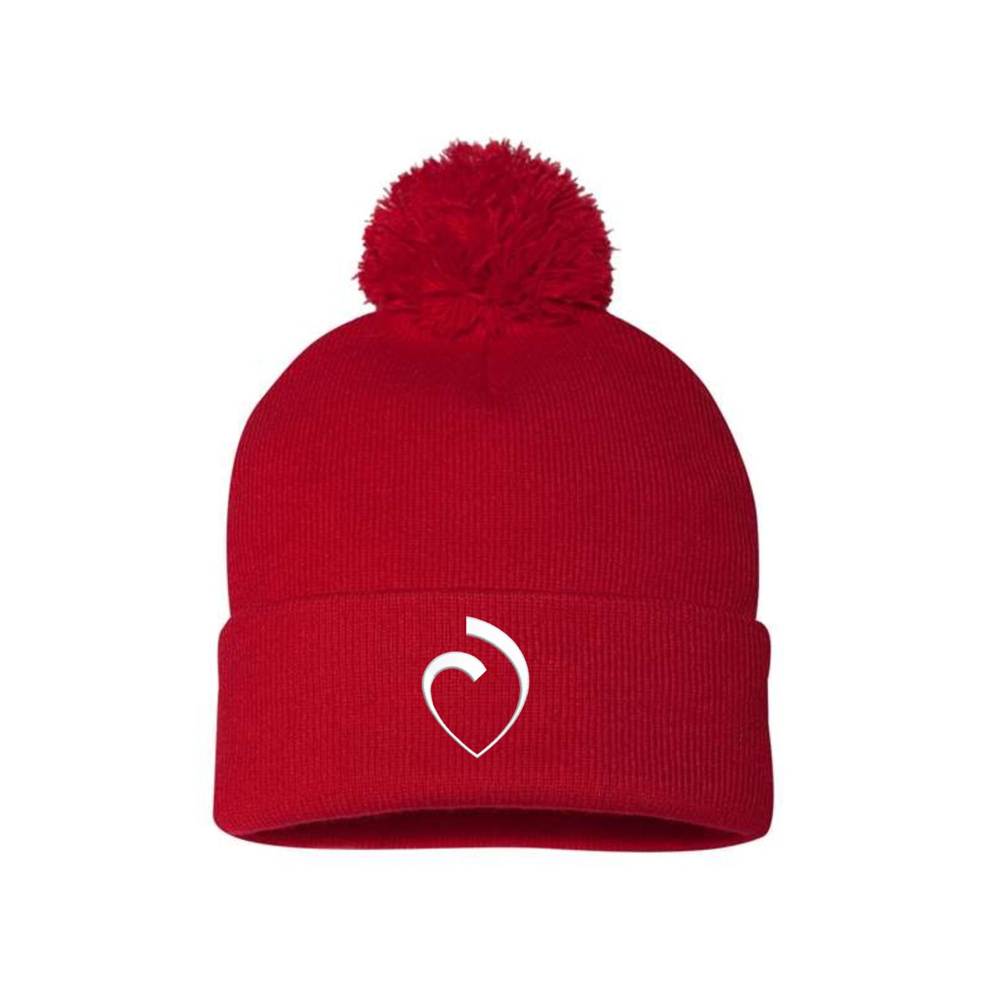 red pom-pom cuffed beanie with the sacred heart schools heart logo embroidered on the cuff in white thread