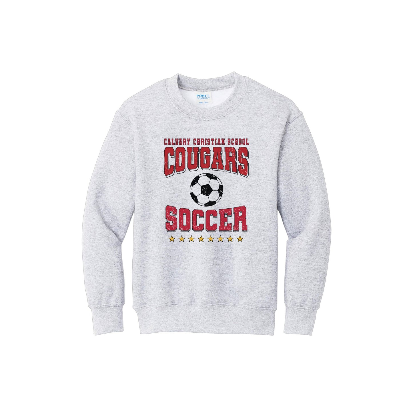 Gray sweatshirt with 'Calvary Christian School Cougars Soccer' text and soccer ball graphic on a white background