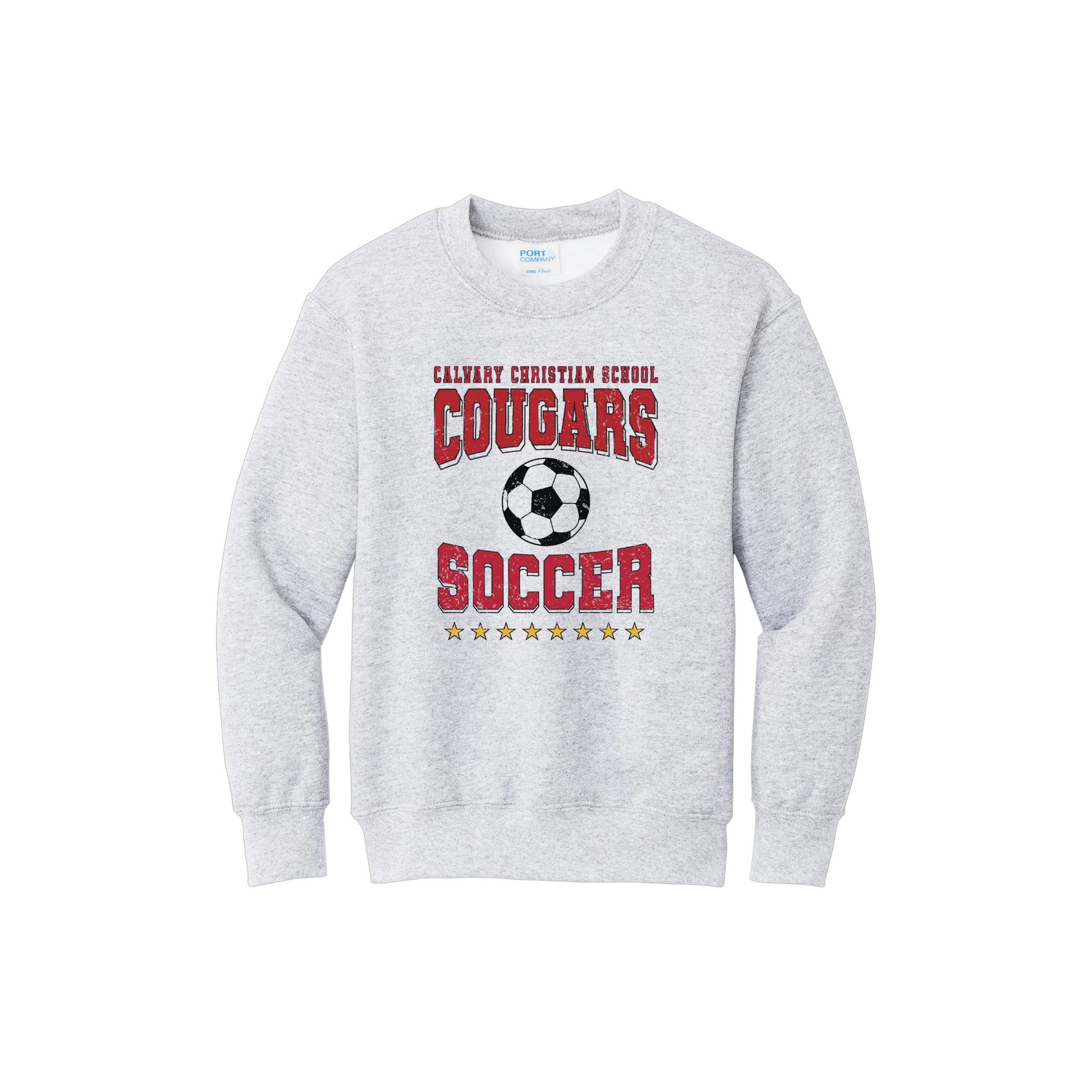 Gray sweatshirt with 'Calvary Christian School Cougars Soccer' text and soccer ball graphic on a white background
