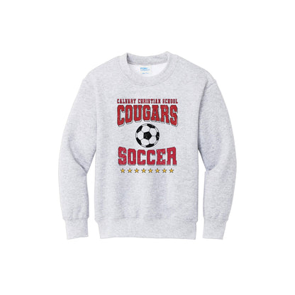 Gray sweatshirt with 'Calvary Christian School Cougars Soccer' text and soccer ball graphic on a white background