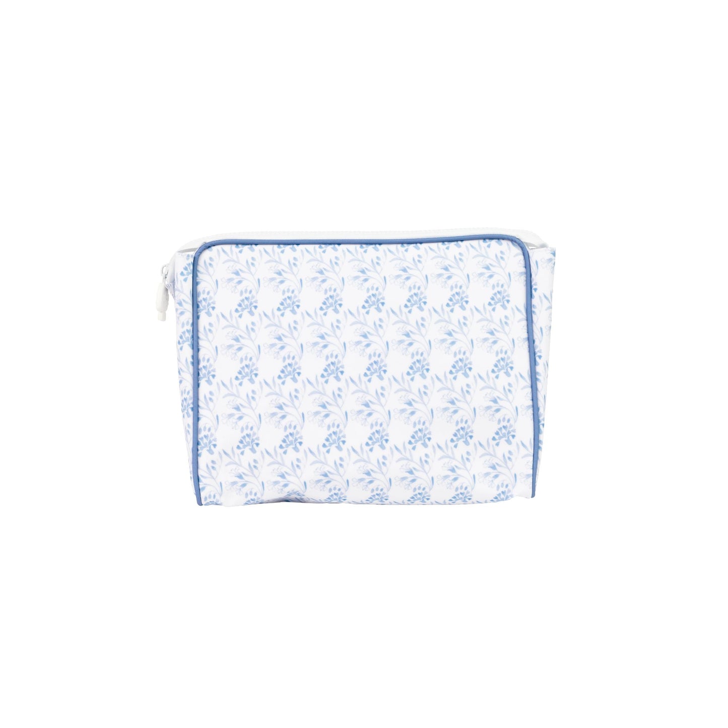 Floral-patterned pouch with blue border on a white background