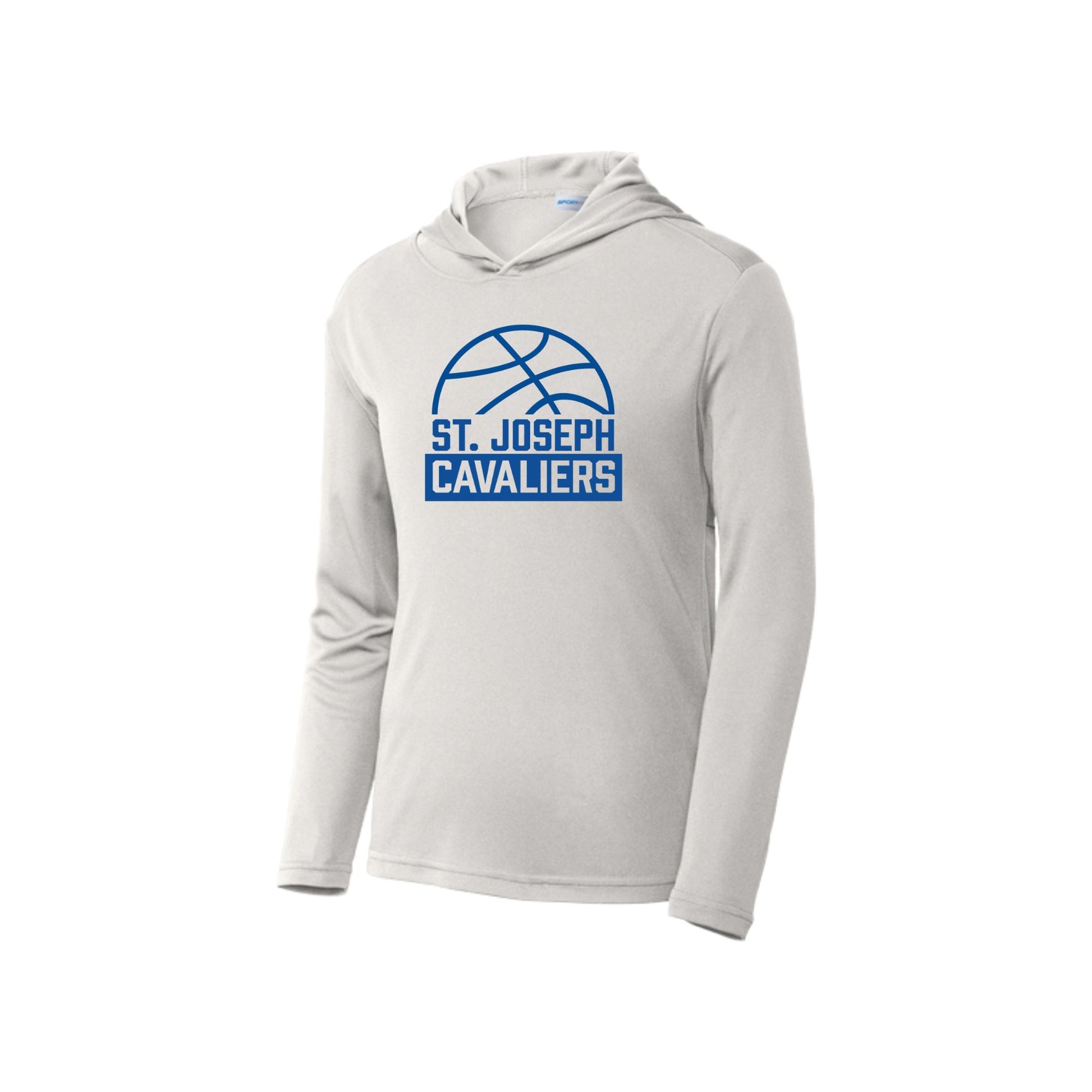 Light gray hoodie with 'St. Joseph Cavaliers' basketball logo printed in blue on the center chest
