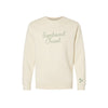 natural sweatshirt with 'Everbound Travel' text embroidered on the front and three stars on the cuff on a white background