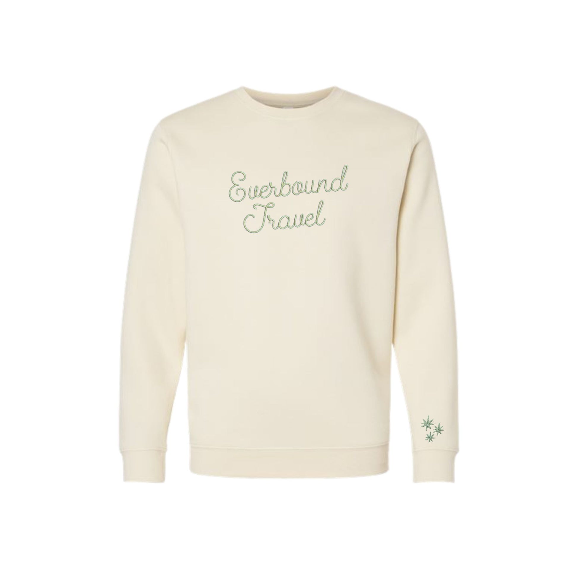 natural sweatshirt with 'Everbound Travel' text embroidered on the front and three stars on the cuff on a white background