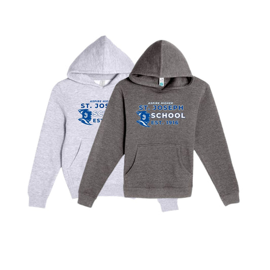 Two gray hoodies with 'St. Joseph School' text and logo on a white background