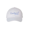 White cap with 'Everbound Travel' text on a white background