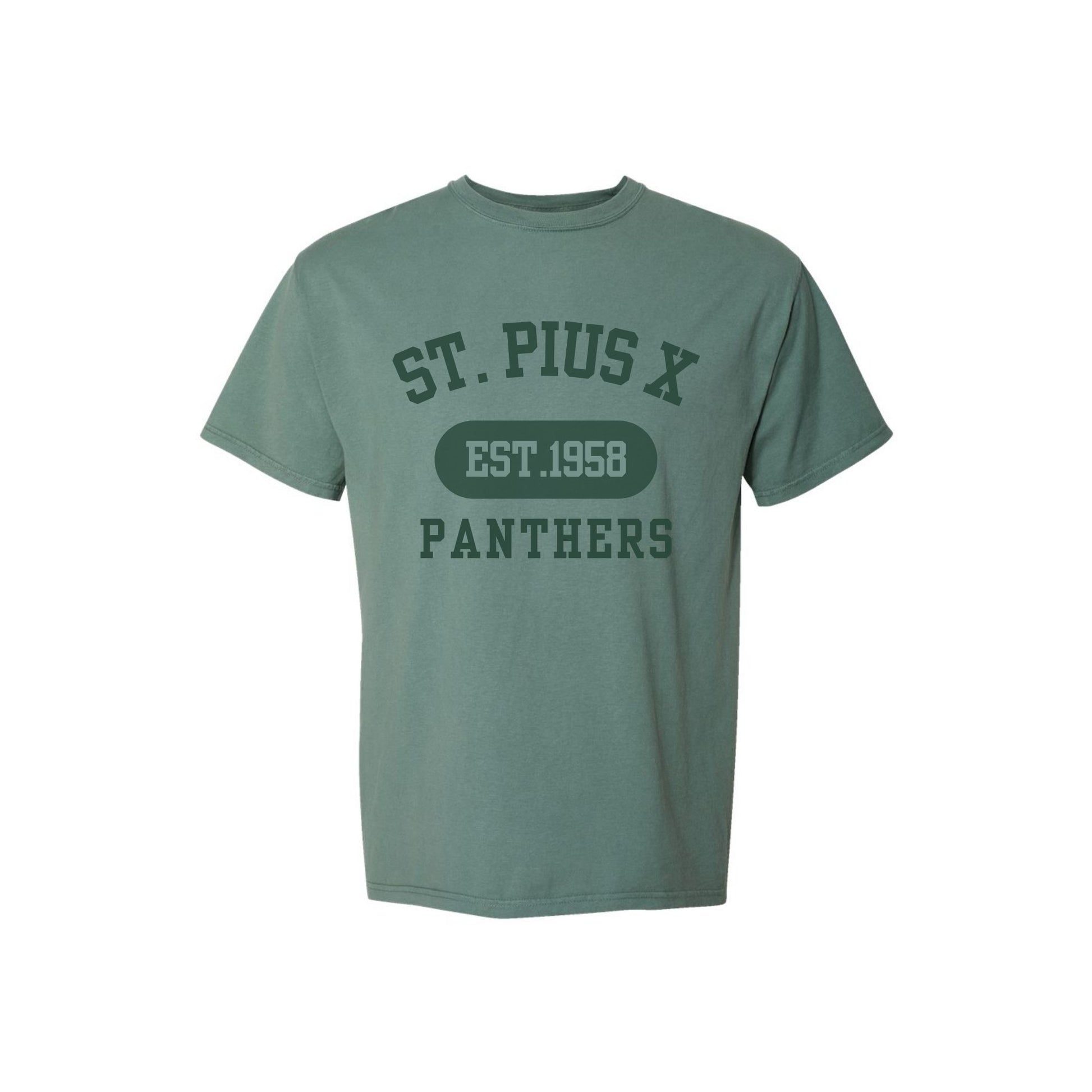 Green t-shirt with 'St. Pius X Panthers' text on a white background