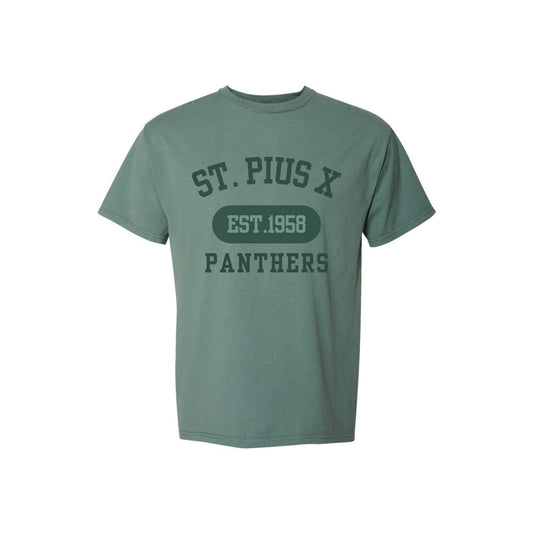 Green t-shirt with 'St. Pius X Panthers' text on a white background
