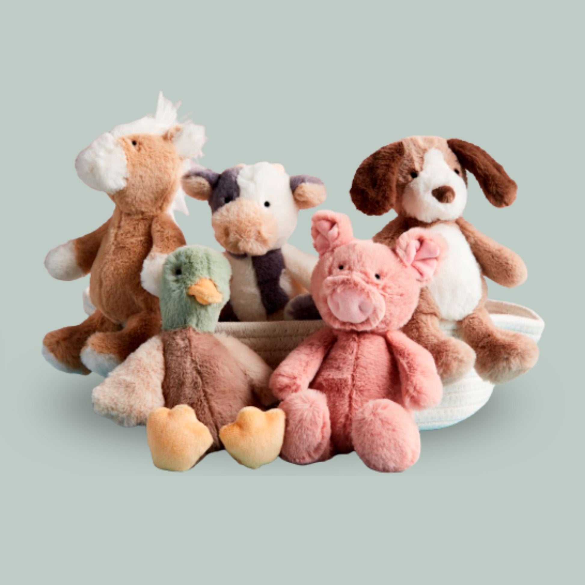 Set of plush toys including a dog, cat, duck, and pig on a light green background