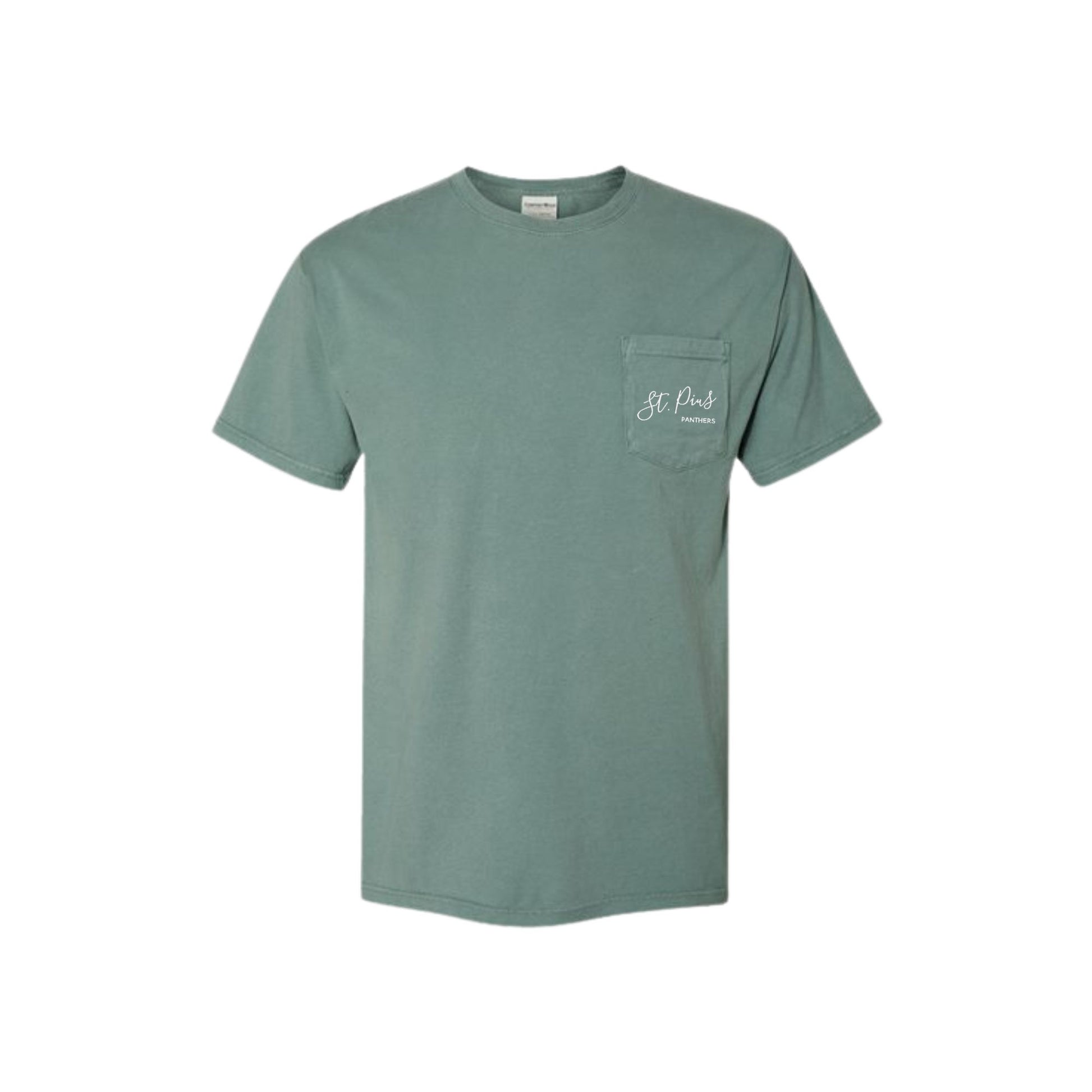 Green t-shirt with a small st. pius panthers logo embroidered in white thread on the chest pocket