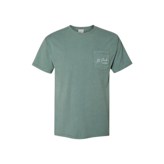 Green t-shirt with a small st. pius panthers logo embroidered in white thread on the chest pocket