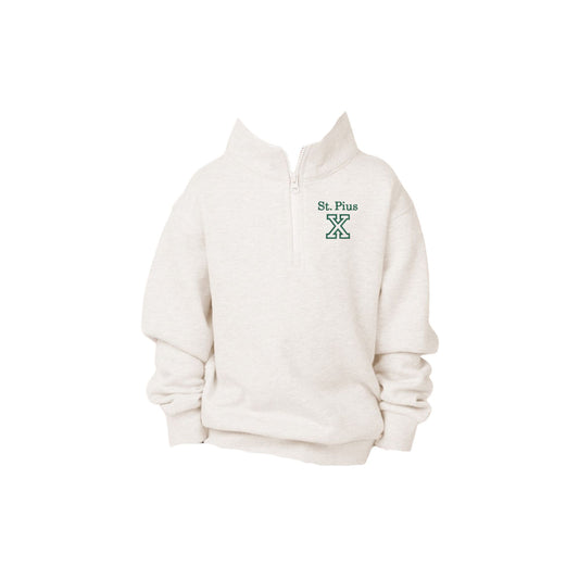 Bleached linen youth quarter zip with st. piux x embroidered logo on the left chest in hunter green thread 